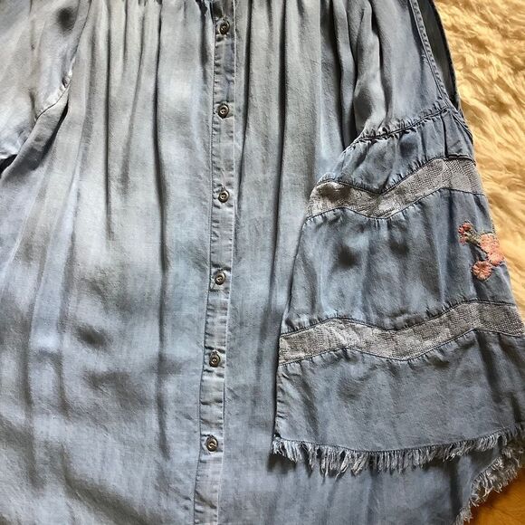 DENIM Blue HIGH-LOW EMBROIDERED LACED SLEEVES OFF-ON OPEN SHOULDER TOP﻿ - Picture 5 of 15